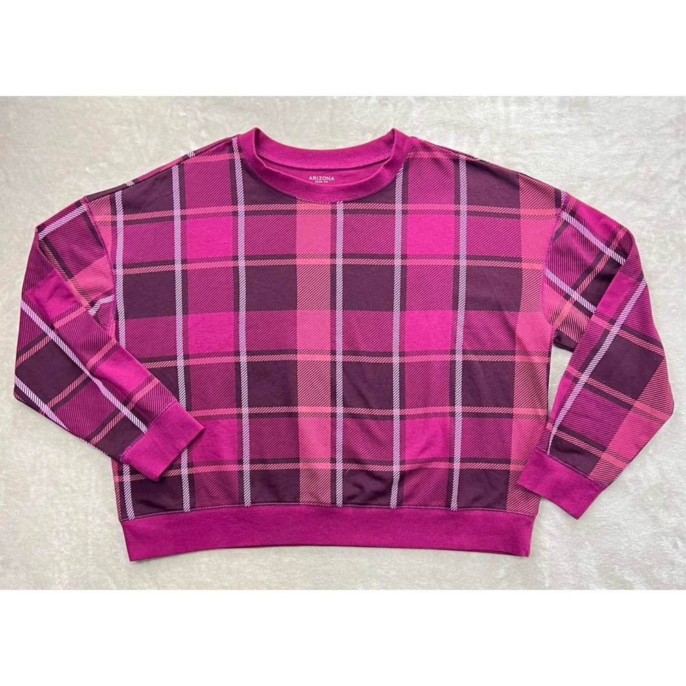 EUC Arizona Jean Co Pink Purple Plaid Sweatshirt Womens XL Crewneck Pullover
